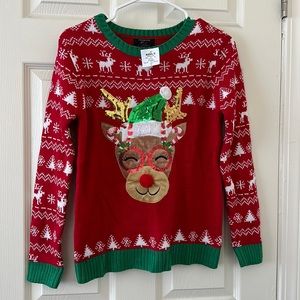 New with tag Girls Size XL Holiday Reindeer Sweater Red Green White
